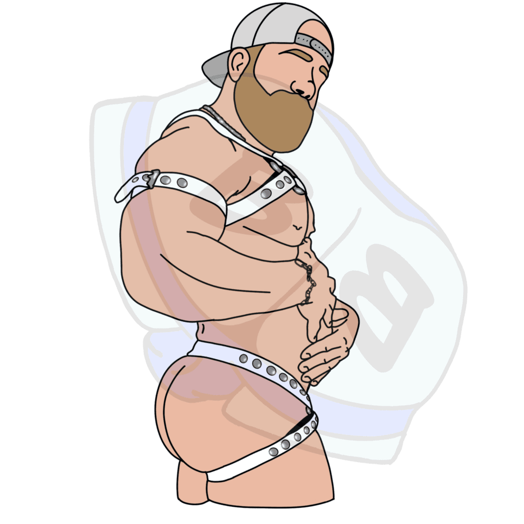 Describing subject of a drawing: Studded straps and a baseball hat