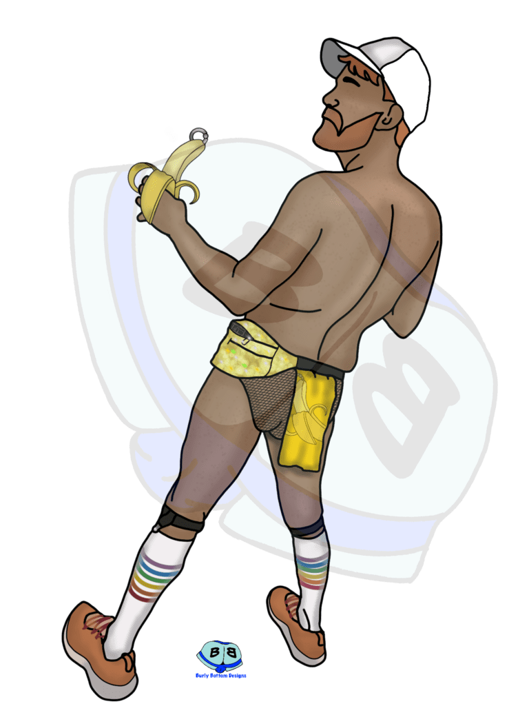 Describing subject of a drawing: Inspired by a fan who was our first purchase at an event.  He bought Pierced Banana Cum Rag to cover his hole so he was street legal at pride. :)