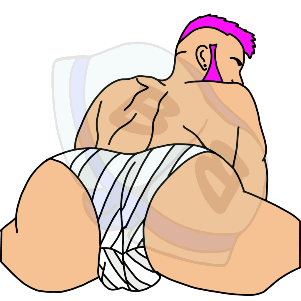 Describing subject of a drawing: It's all about angles and this looks like a pretty good one for prime viewing of his prime cut of beef.