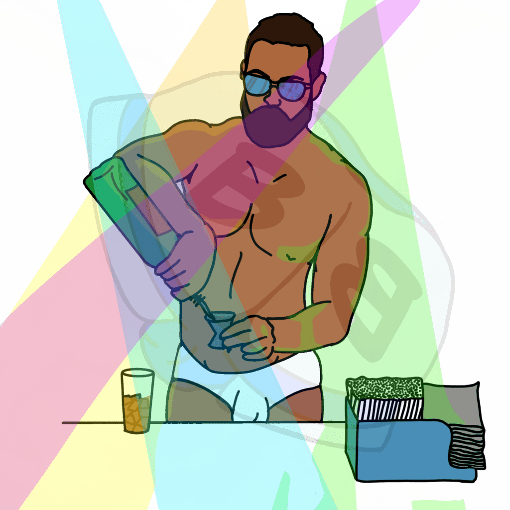 Describing subject of a drawing: Making our drinks while paying their bills!  These sexy alchemist work hard to keep our spirits up!