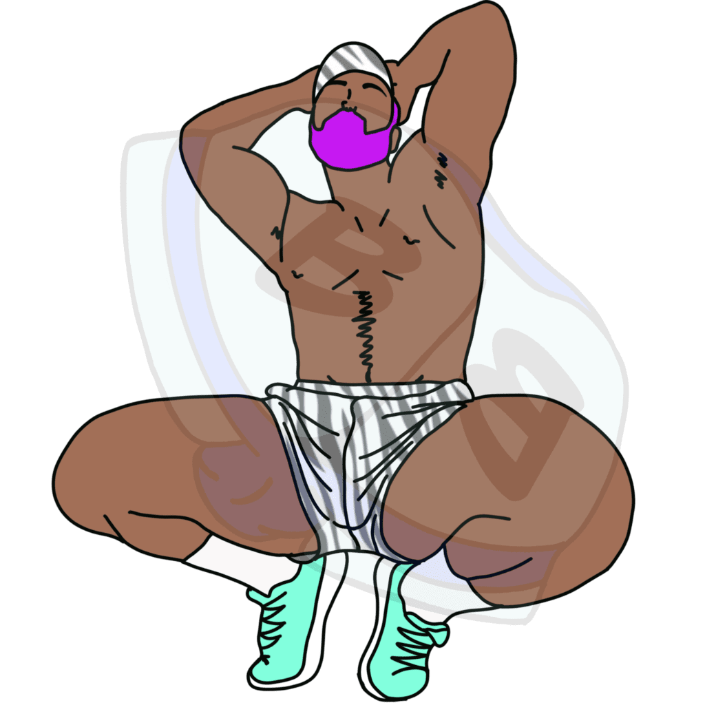 Describing subject of a drawing: This has circuit boy written all over it!  Dancing in the club in his zebra shorts that he will wear for about 10 minutes before dropping to reveal his sexy thong and bulge to hold your dollars.