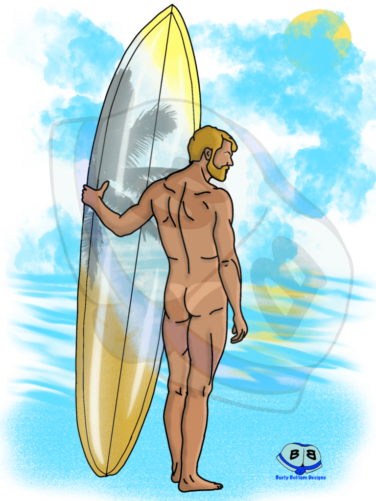 Describing subject of a drawing: One of my favorite designs that I've ever worked on.  The surfboard alone took me forever to get right!  But I love this moment of tranquil reflection.  The beach has always been my favorite place