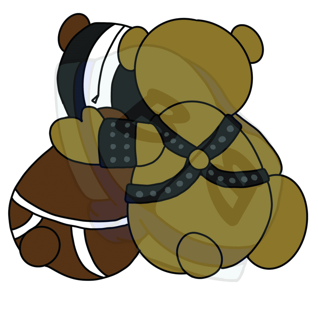 Describing subject of a drawing: Snuggle up and strap in!  The fetish accent color is negative space allowing the background color to change the design.