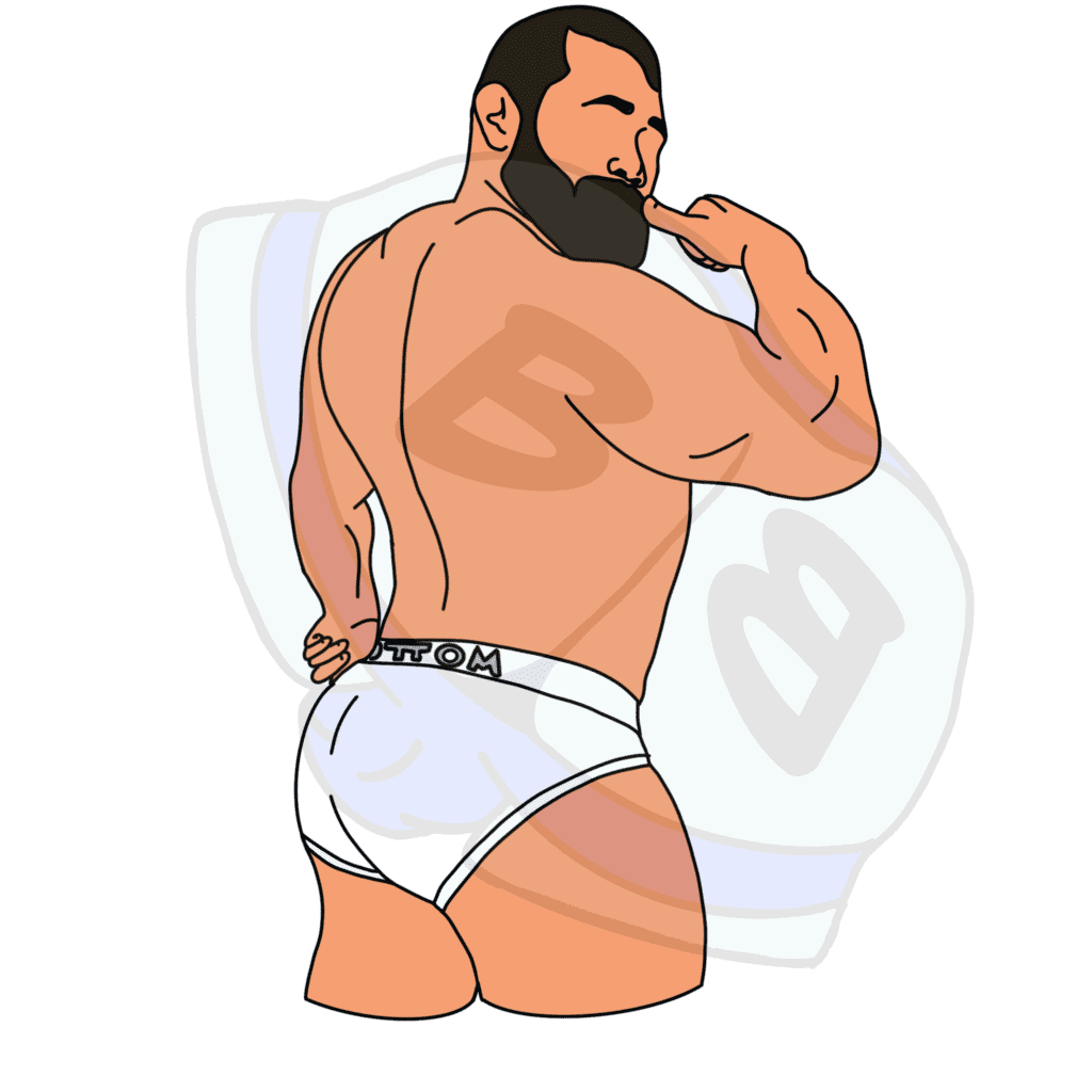Describing subject of a drawing: This is what we are all about!  This burly bear just so happens to sport briefs that say bottom :)