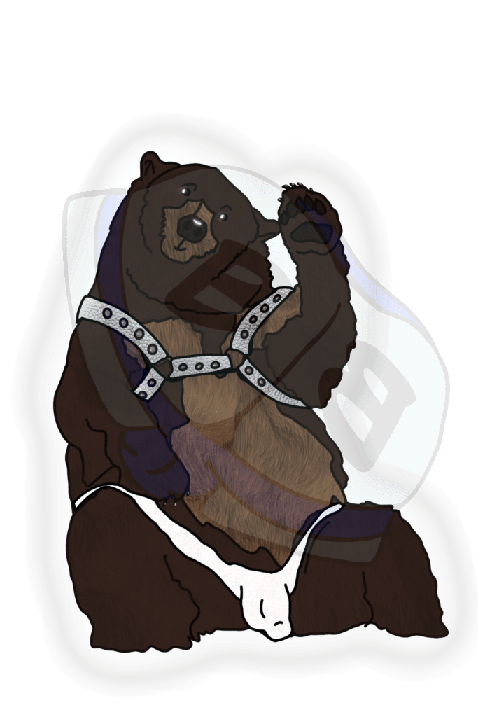 Describing subject of a drawing: He says "why can't this type of bear join in the party?"  He's definitely ready with his harness and thong!  Let's party!