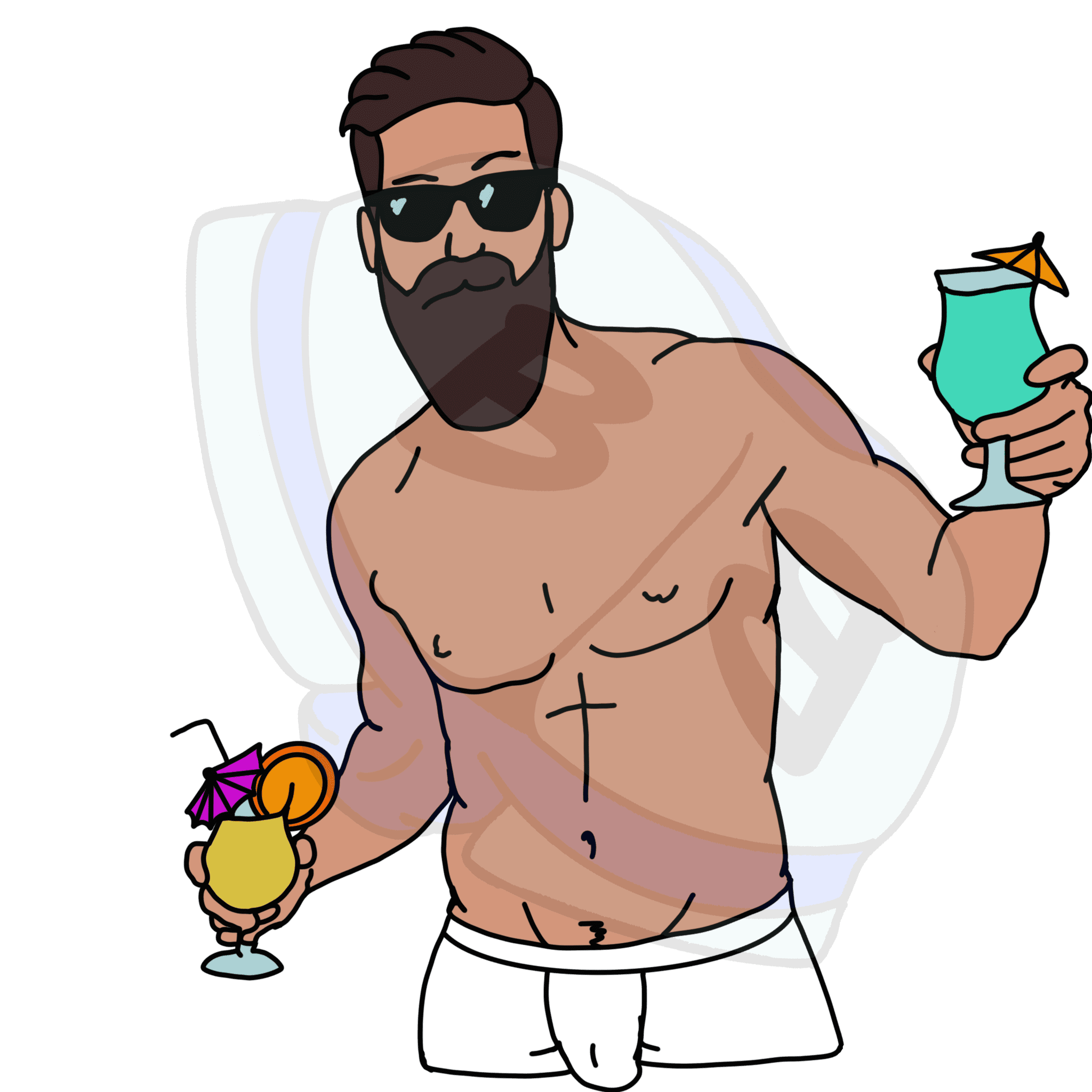 Describing subject of a drawing: Who's ready for a cocktail?  Talk about double fisting