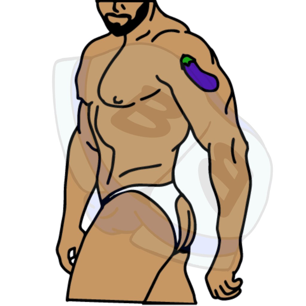 Describing subject of a drawing: When you love something so much that you get a tattoo of it!  This guy must love eggplant parmesan!