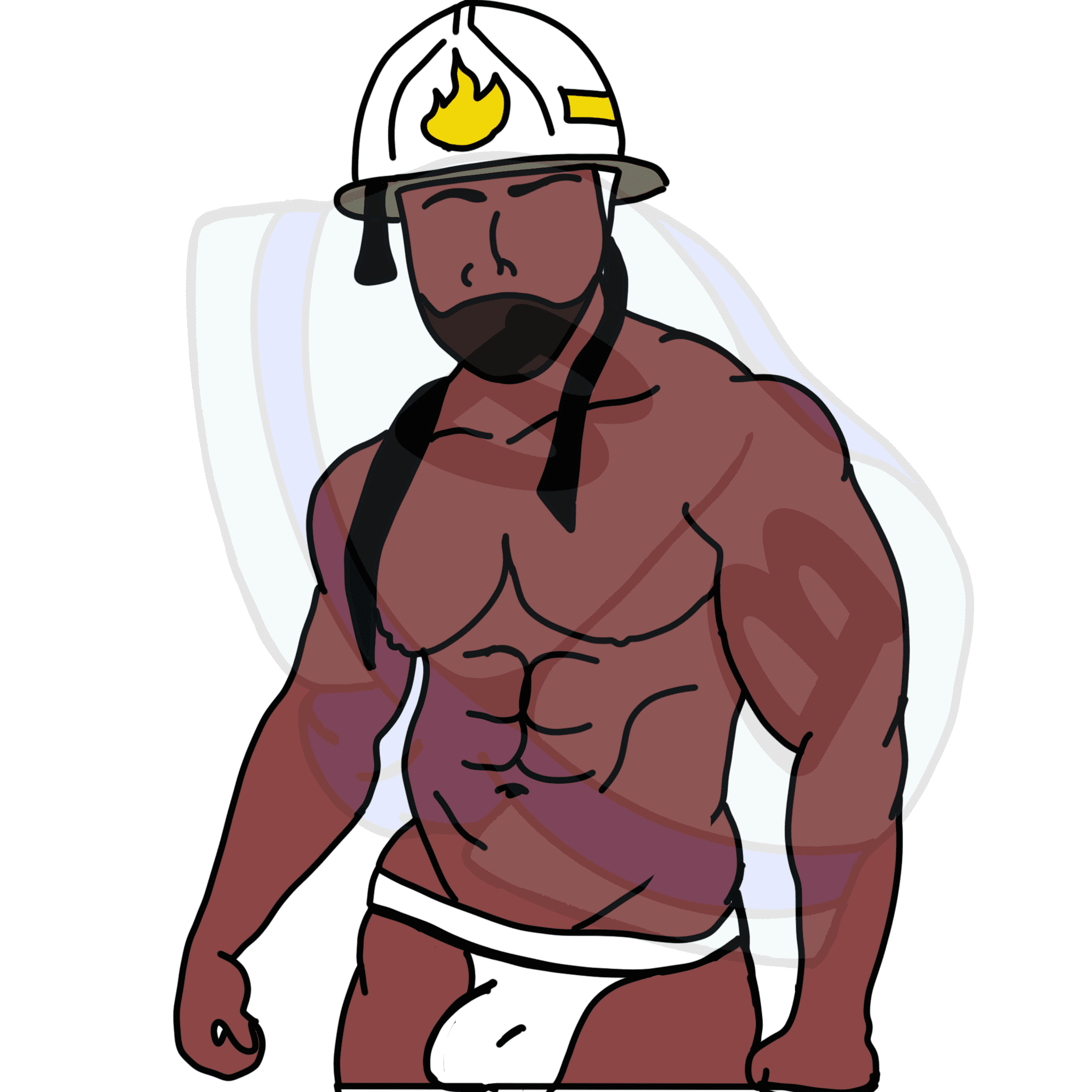 Describing subject of a drawing: I feel so much safer with him on the job...... (lights house on fire).