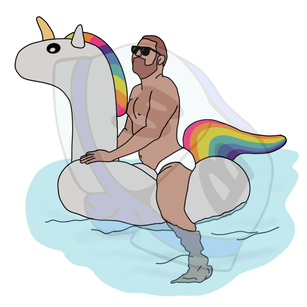 Describing subject of a drawing: Who's ready for the pool!!!   This guy! And he brought a floatie!