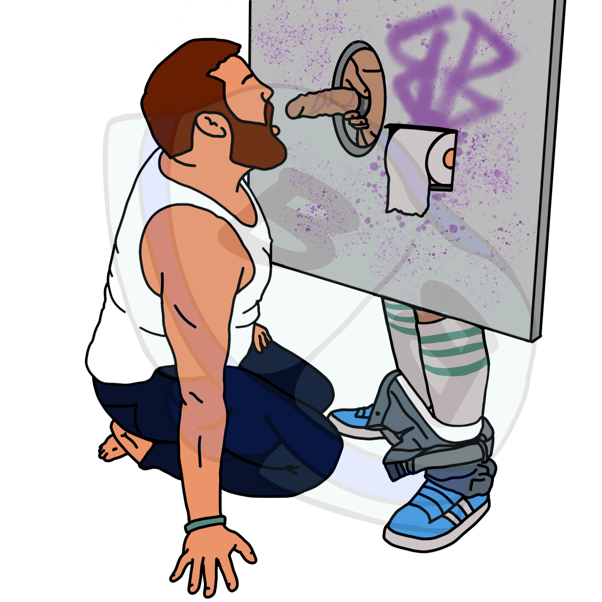 Describing subject of a drawing: You never know what you'll find in those public restrooms!