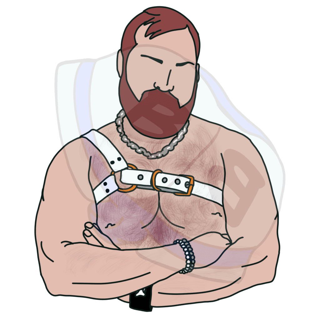 Describing subject of a drawing: This cub has his favorite harness on and is ready for.....well