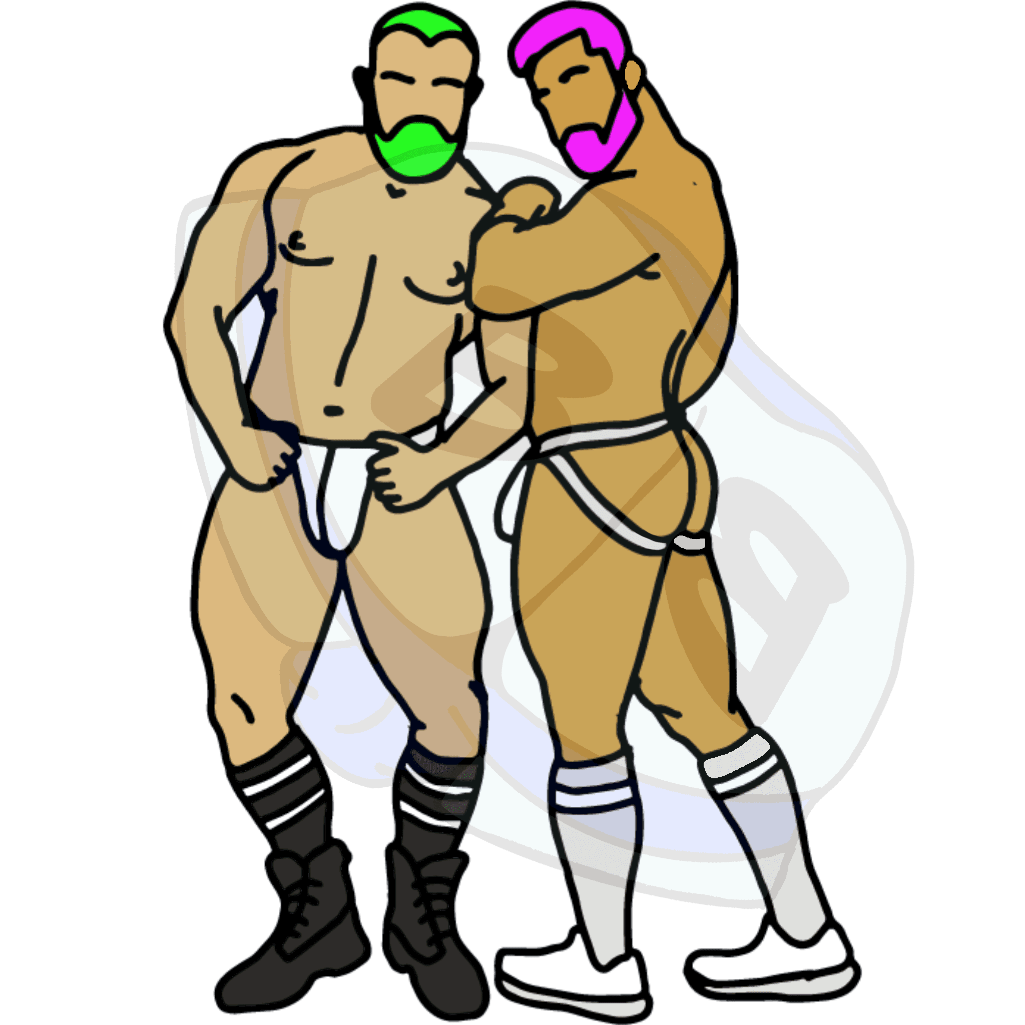 Describing subject of a drawing: A classic design of two buddies ready to thumpa thumpa thumpa for your entertainment.  Put that dollar in nice and deep.