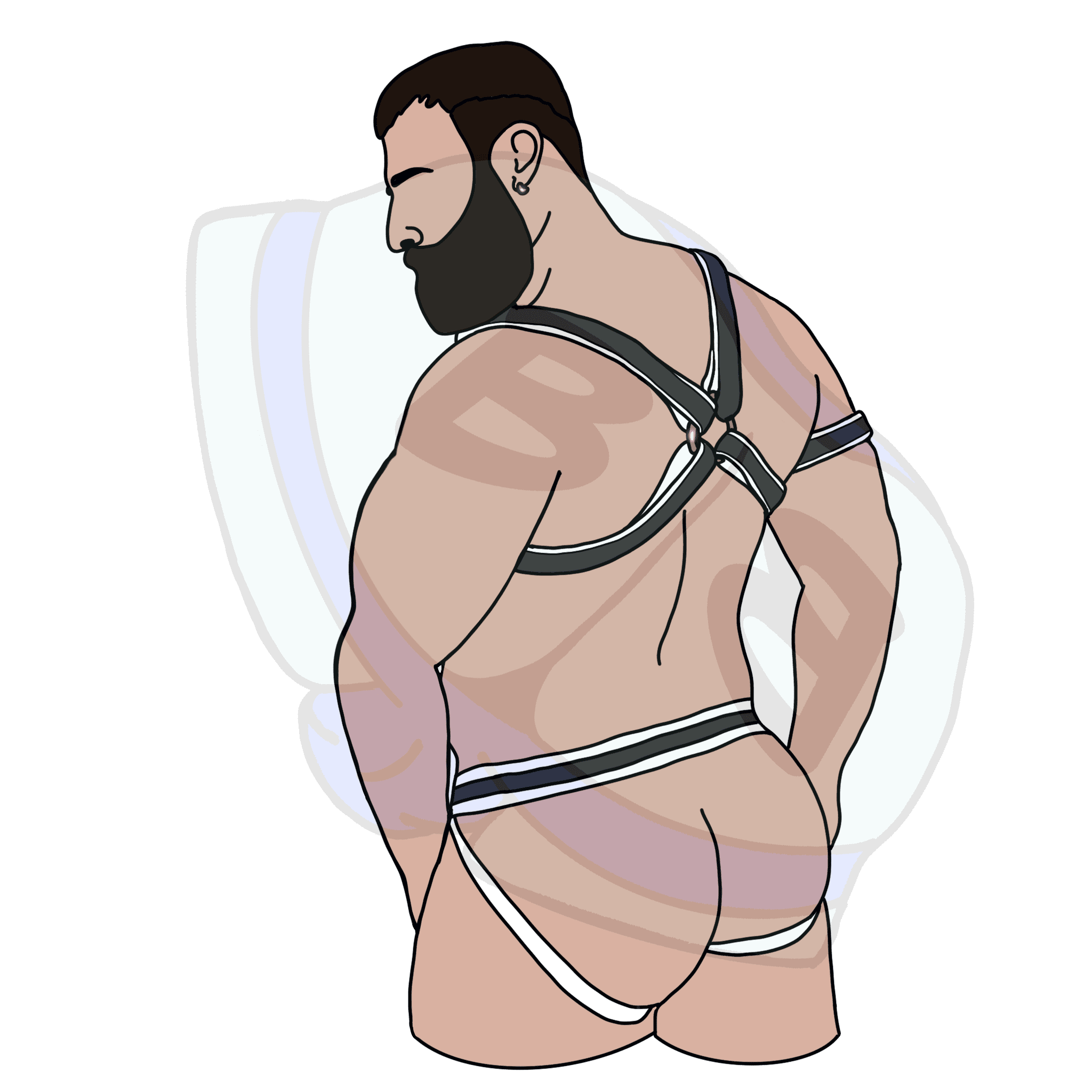 Describing subject of a drawing: A harness has become the unofficial uniform of the bear. This one has a fun pop of color :)