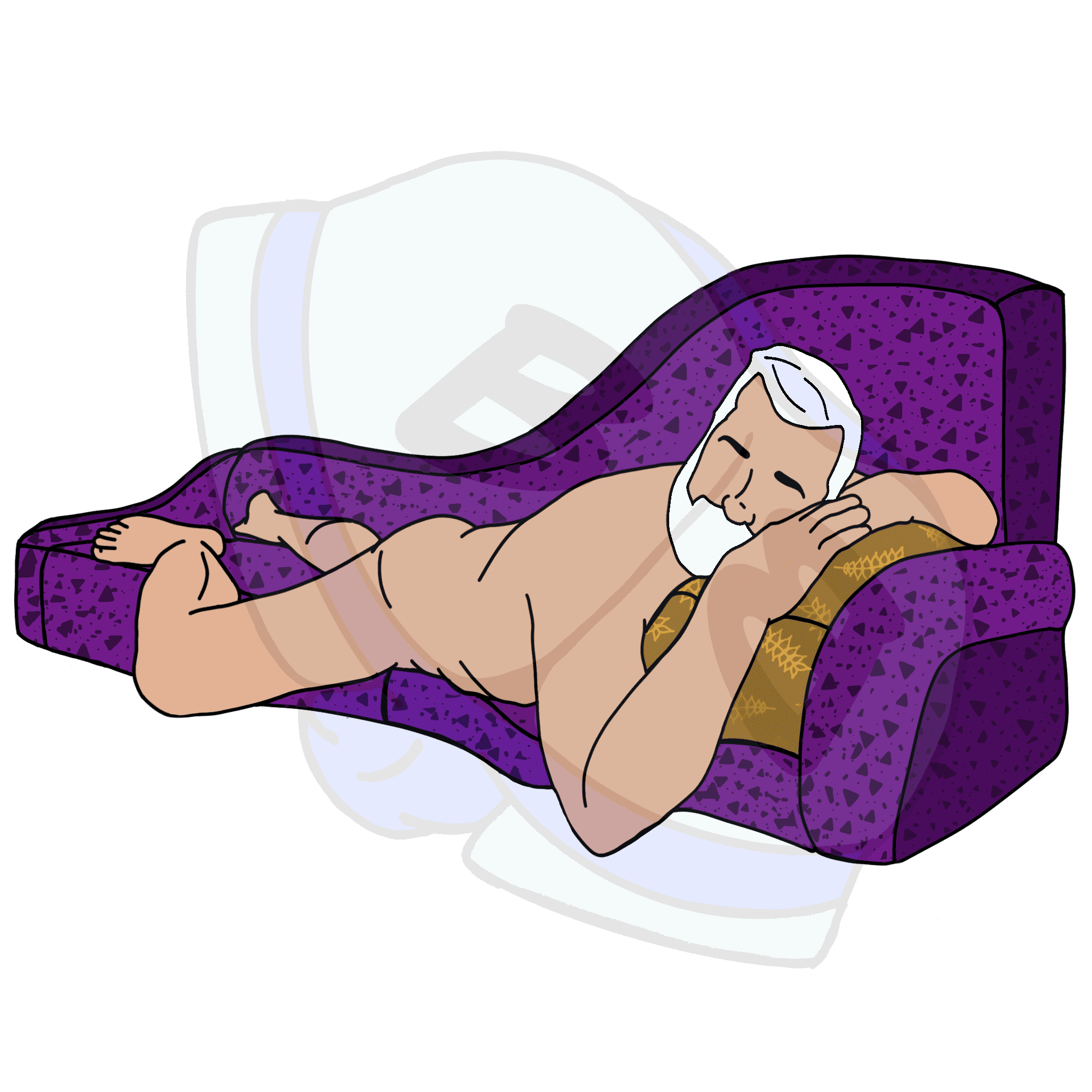 Lounge Describing subject of a drawing: One might as well be comfortable while waiting for that top to arrive that is clearly running on Gay Standard Time!