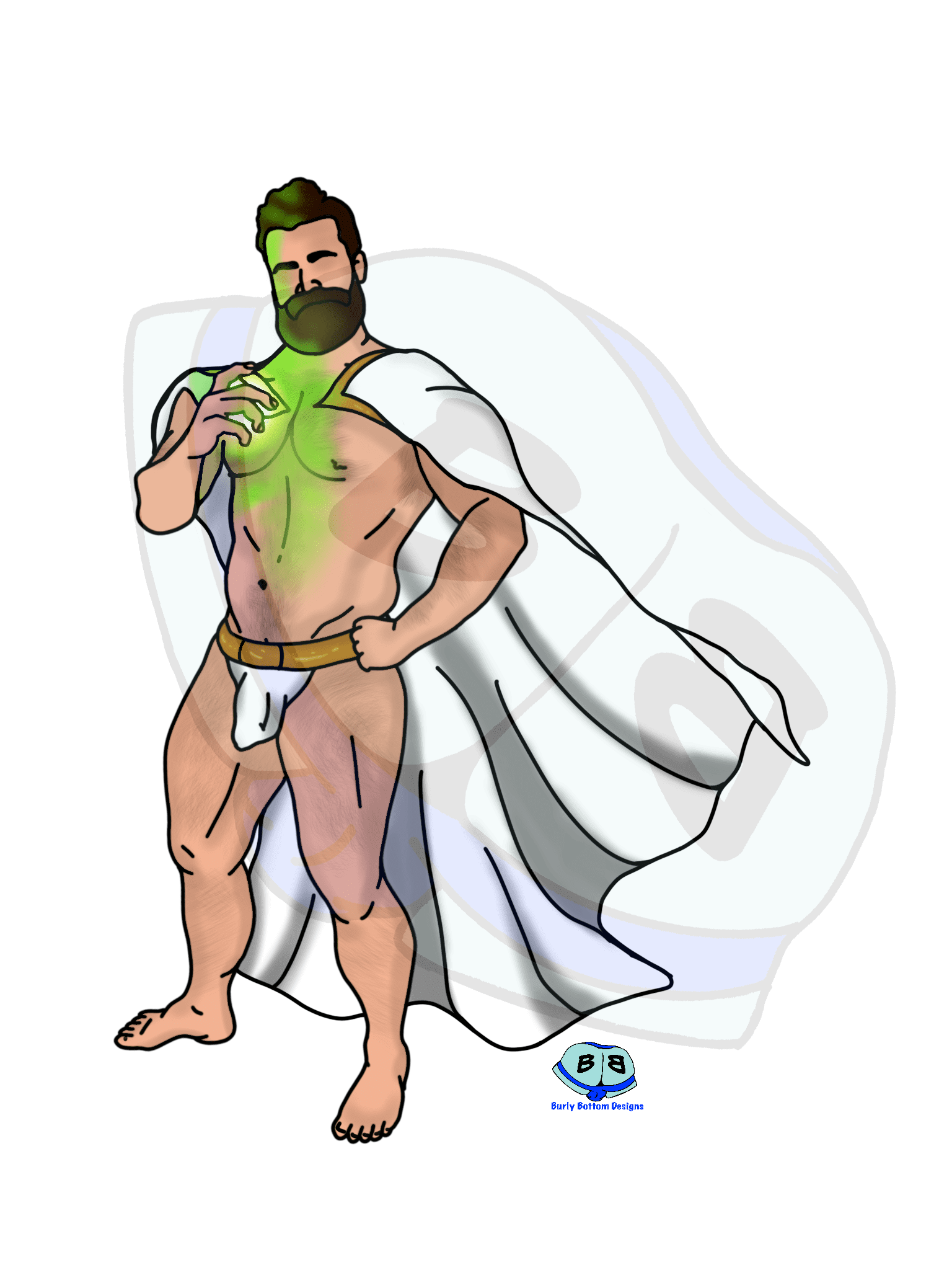 Describing subject of a drawing: Never Fear!  Daddy's Here!  A man in a superhero lycra briefs and cape can save me any day!