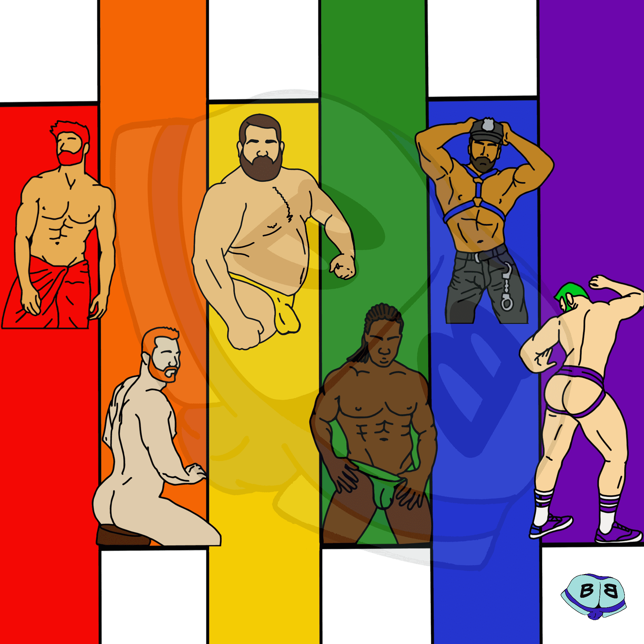 Describing subject of a drawing: Show off your pride with these sexy men on a fun colorful background.