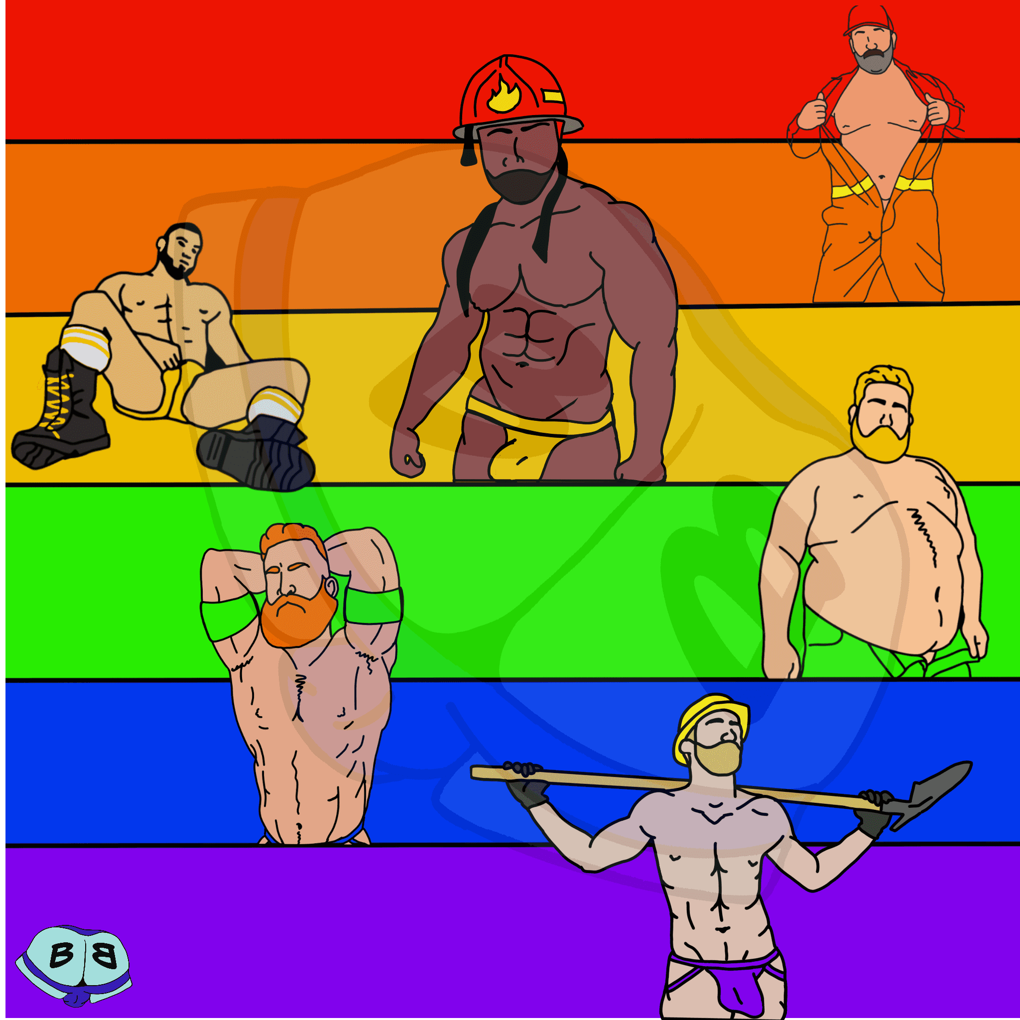 Describing subject of a drawing: Show off your pride with these sexy men on a fun colorful background.