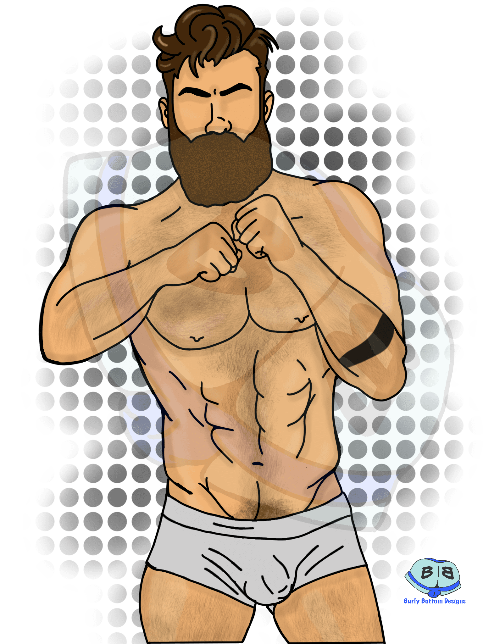 Describing subject of a drawing: This guy looks like he's ready for a fight.  Remember