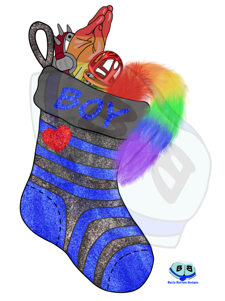 Describing subject of a drawing: Has your boy been extra good this year?  Make sure you stuff him extra full this year with all of his favorite things.  His stocking that is!