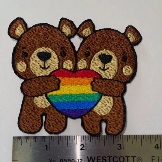 Iron On Patch - Two Bears holding Rainbow Heart